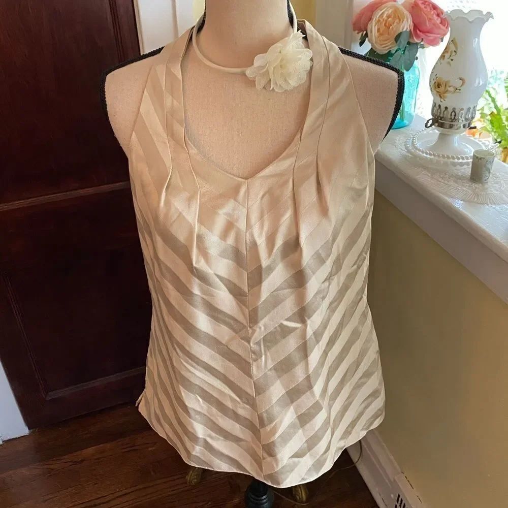 WHBM Cream Beige Sz S/M lined Silk Blend Tuxedo Stripe Top
